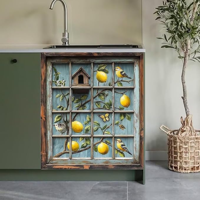 Rustic Kitchen Decor Dishwasher Magnet Cover Decal, Lemon Bird Birdhouse, Magnetic Dish Washer Panel Door Vinyl Sticker, Refrigerator Magnets,Easy to Clean, 23 x 26 inch