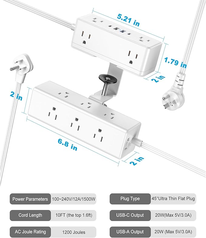 Dual Layer Desk Clamp Power Strip, Desktop Edge Mount Surge Protector with 15 AC Outlets & 4 USB Ports(20W USB-C), Ultra Thin Flat Plug & 10FT Power Cord for Office Home(ETL Listed)