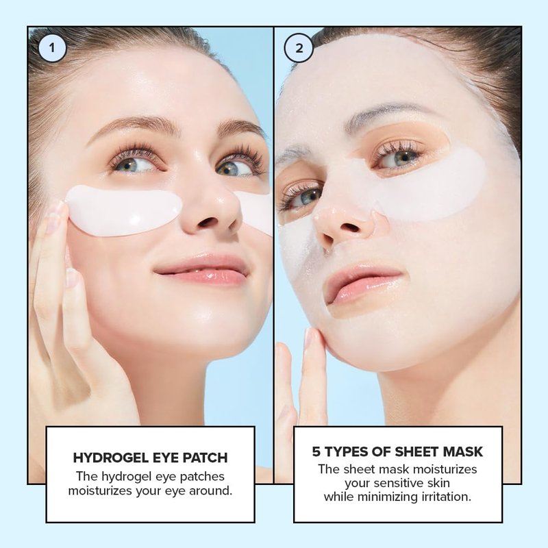 Collagen Sheet Mask Variety Pack - Hydrating Korean Face Masks with Eye Patches | 5-Day Skincare Set