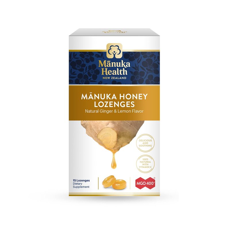 Manuka Health Manuka Honey Lozenges â 15 Lemon and Ginger Flavored Lozenges â Natural Throat Lozenges Infused with Raw Manuka Honey and Vitamin C for Immune Support