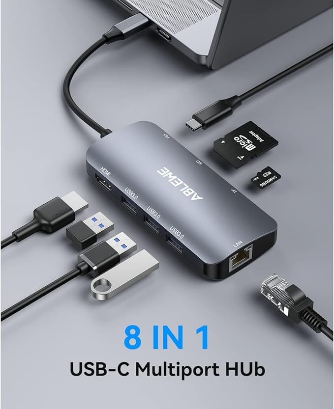 ABLEWE USB C Hub Ethernet, Multiport USB C to HDMI Hub, 8 in 1 4K@60Hz USBC Adapter,1000Mbps, 100W PD, 3 USB 3.0 Ports, Docking Station Compatible for MacBook, Tablet, Phone, Type C Devices