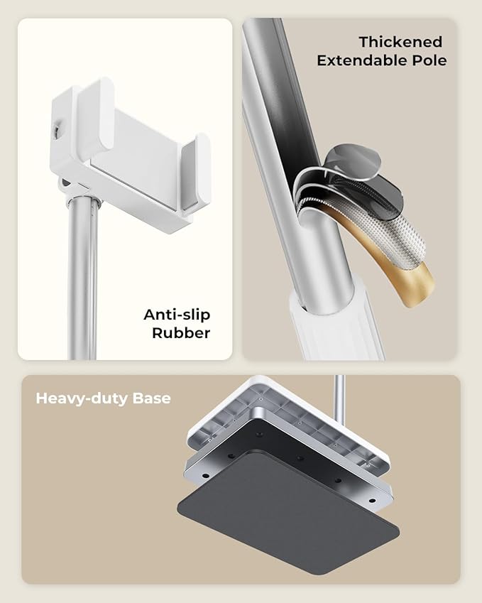 SupeDesk Tablet Floor Stand, Adjustable iPad Holder for Bed & Sofa - 360° Rotating Long Arm, Height Adjustable from 13.5" to 60.3", Sturdy Metal Base for iPad, Tablet, Phone (4-13 Inch), White