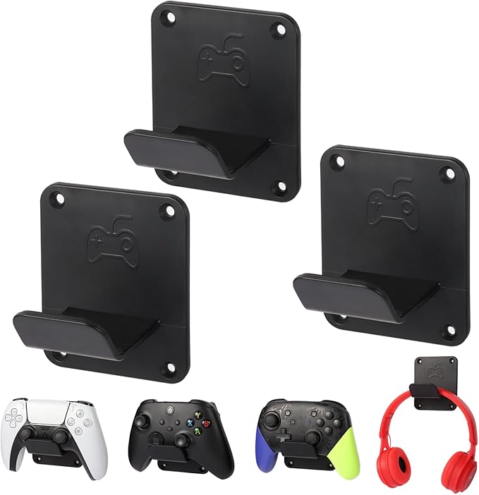 Qpfctwil Controller Holders Wall Mount 3 Pack Wall Stands With Non-Slip Pads, Premium Headphone Mount for Controllers and Headsets, Black, YCKJ-WM-01