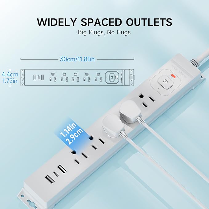 15 Ft Power Strip Surge Protector with USB Ports, Flat Plug Extension Cord, 5 AC Outlets and 3 USB Charging Ports, Wall Mountable for Home, Office, Dorm