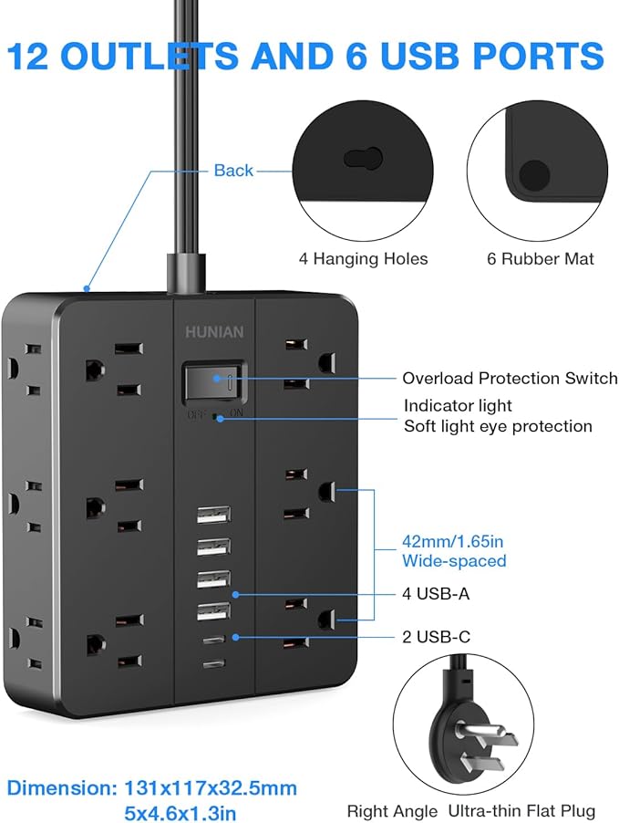 Flat Plug Power Strip, HUNIAN 12 Widely Spaced Outlets with 6 USB Charger (2 USB C Ports), 10 Ft Extension Cord Desk Charging Station for Home Office Supplies, Dorm Room, Black