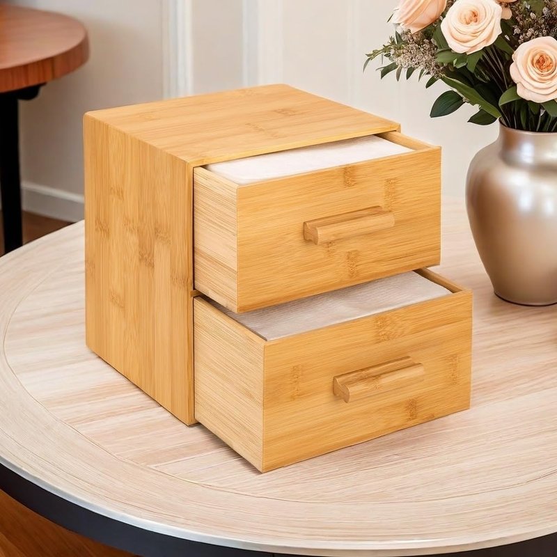 Bamboo Box with Makeup Remover Wipes, 50 XL Disposable Towels, Wash Cloths for Face and Body, Double-drawer Container for Face Towelettes