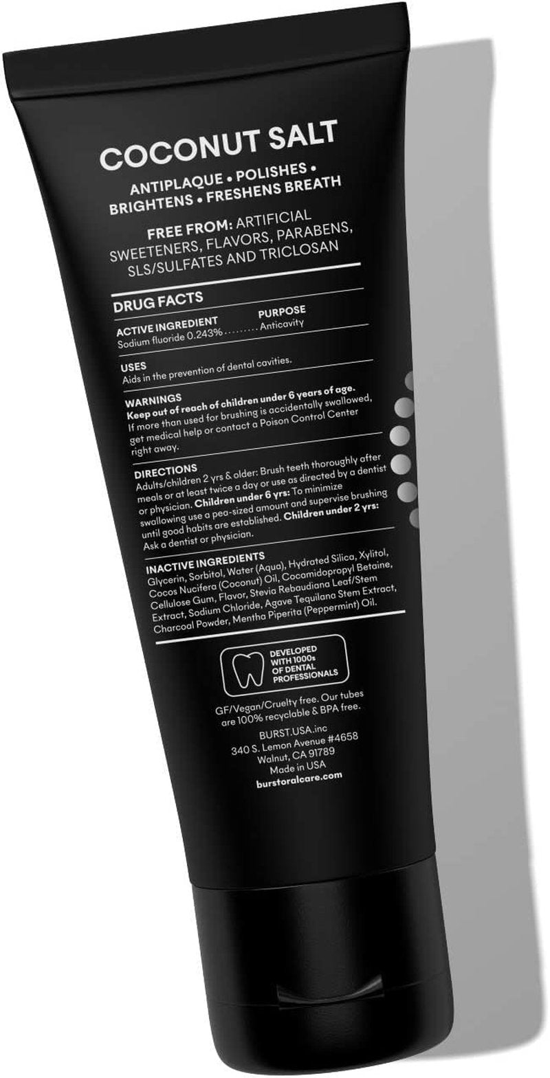 BURST Charcoal Whitening Toothpaste for Adults (4.7oz) | for Sensitive Teeth with Cavity Fighting Fluoride & Xylitol |Vegan | Gluten & SLS Free | Coconut Salt