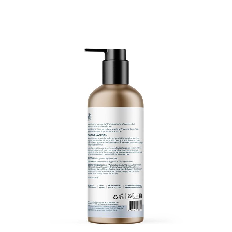 ATTITUDE Body Wash for Sensitive Skin, EWG Verified Shower Gel, Soothing Oat, Dermatologically Tested, Plant and Mineral-Based, Vegan Personal Care, Aluminum Bottle, Unscented, 16 Fl Oz