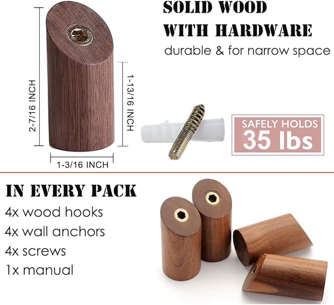 Felidio Wood Wall Hooks, 4 Pack Coat Hooks Wall Mounted, Rustic Wooden Heavy Duty Robe Hook Hat Rack, Hooks for Hanging Bathroom Towels Clothes Hanger (Walnut Wood)
