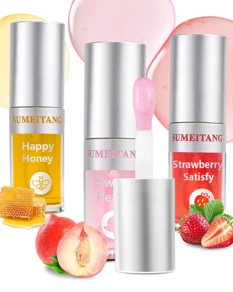 SUMEITANG 3Pcs Hydrating Lip Oil Setï¼Non-sticky Lip Oils Gloss Lip Balm Lip Careï¼Deeply Nourishing and Repairing Prevents Lips Chapped and Lighten Lip Lines(Honeyï¼Peachï¼Strawberry)