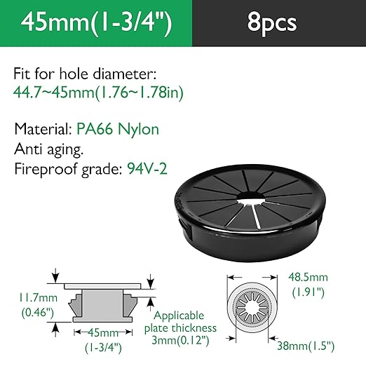EASYEAH 8PCS Cable Grommets, 1-3/4"(45mm) Desk Hole Cover Petal Shaped Buckle Type Nylon Snap Bushing Grommet, Wire Hole Cover Insert for Cables and Cords Management and Protection of Cabinet, Black