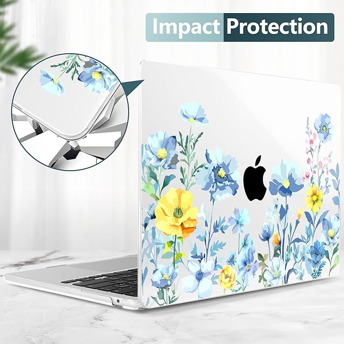 TWOLSKOO for MacBook Air 15 inch Case 2025 2024 2023 Release M4 A3241 M3 A3114 M2 A2941, Plastic Hard Shell & Screen Protector & Keyboard Cover & Type C Adapter, Blue Flowers