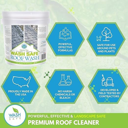 Wash Safe⢠ROOF WASH Eco-Safe and Organic Roof Cleaner, 3 lb. | Clear, Bleach-Free Concentrate | Clean Up to 3,000 sq. ft. of Asphalt, Wood, Slate and Ceramic Shingles or Tiles