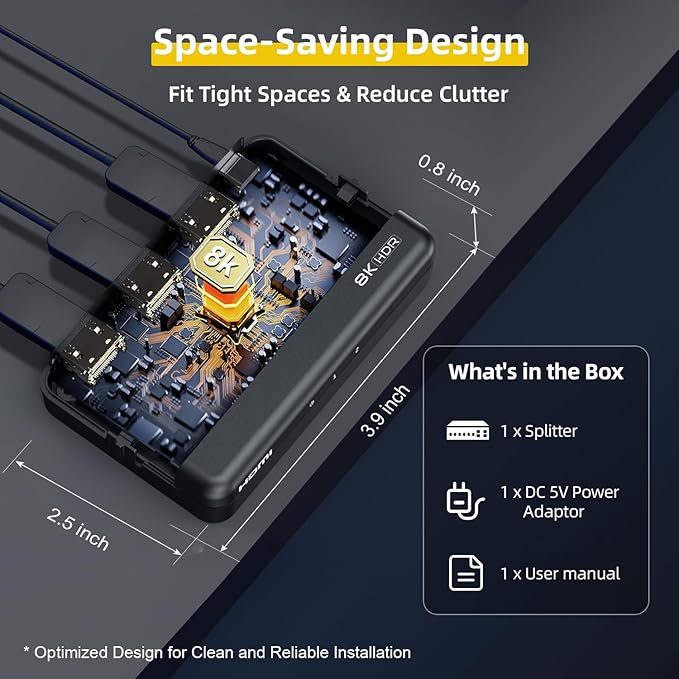 8K HDMI Splitter 1 in 2 Out (Mirror Only) – HDMI 2.1 8K@60Hz, 4K@240Hz DSC, 48Gbps, HDCP 2.3, EDID, Auto Downscaling, Duplicate Screens for Dual Monitors, TV, PS5, Xbox