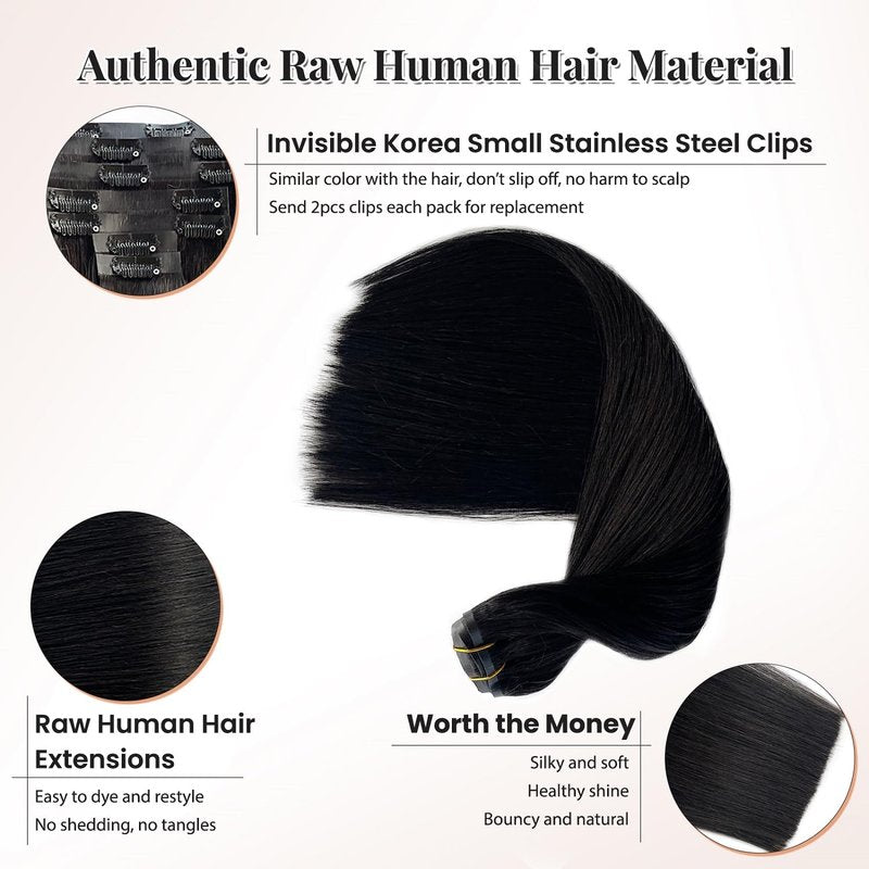 Seamless Clip in Hair Extensions Real Human Hair, 20” Natural Black Seamless Clip ins Remy Hair Extensions Invisible Tape Weft Real Human Hair Extensions for Women Straight PU Skin Weft Clip ins Hair