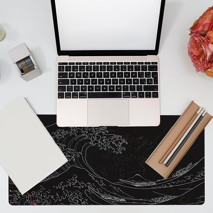 Eflxamz Desk Mat, Black Japanese Sea Wave Desk Pad, Extended Big Computer Keyboard Mouse Pad with Non-Slip Base and Stitched Edge, 35.4"x15.7"