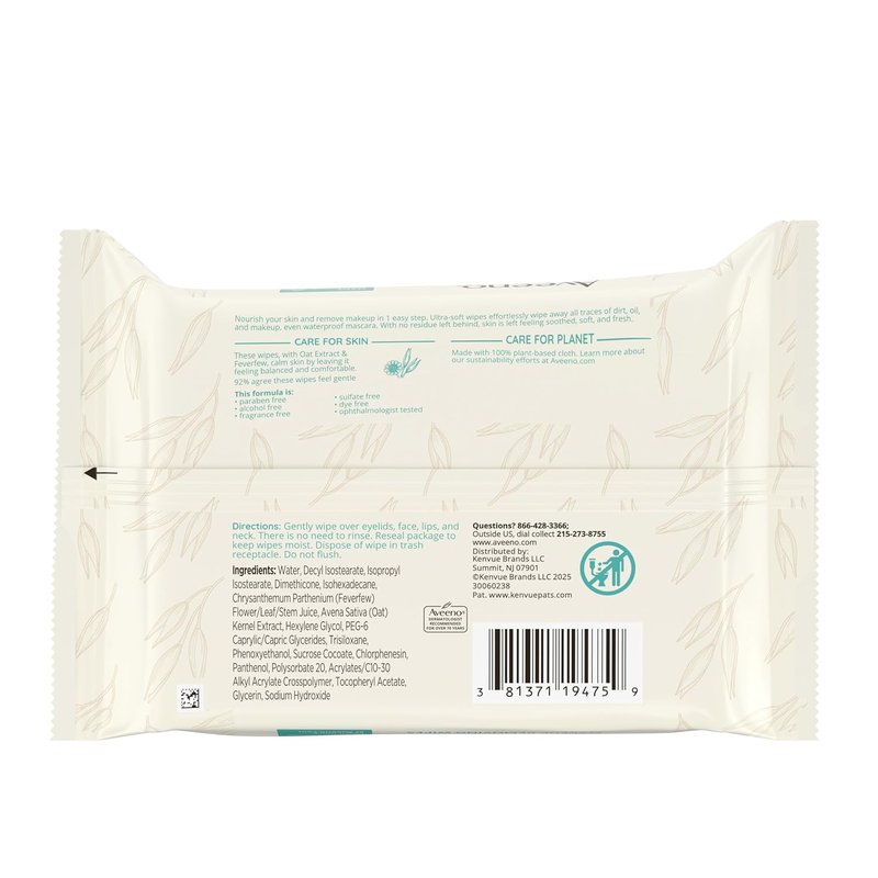 Aveeno Calm + Restore Makeup Remover Wipes - Unscented, Fragrance-Free Facial Towelettes with Oat Extract & Feverfew | 25 Ct
