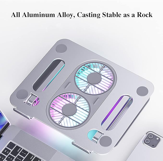 Eiyikof Aluminum Alloy Adjustable Laptop Stand Laptop Cooling Pad with Fan USB Hub Compatible with 10" to 15" Inches Notebook Computer-Grey