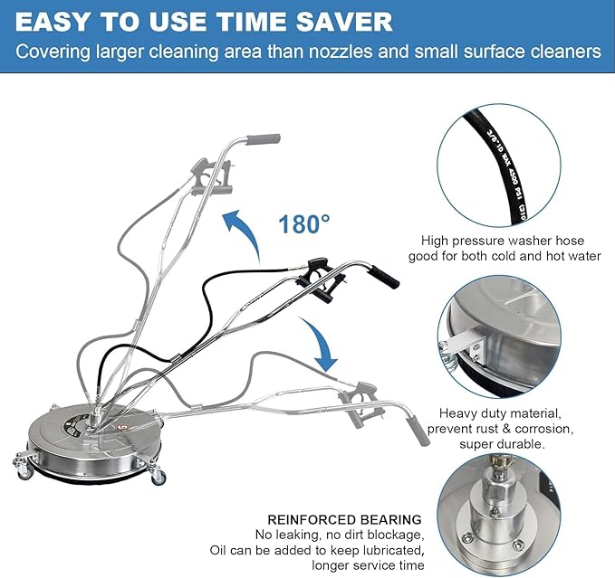 30" Pressure Washer Surface Cleaner with 4 Wheels & Dual Handles, 5200 PSI 12 GPM Stainless Steel Surface Cleaner Attachment with 2 Nozzles for Driveways, Sidewalks, Decks & Patios, Commercial Grade