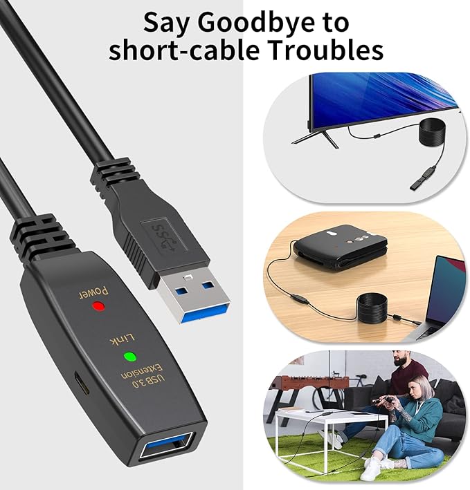 LDKCOK 30ft Active USB 3.0 Extension Cable with Dual Signal Booster, Type A Male to Female Extender Cord, 5Gbps High-Speed Long USB Wire with Micro USB Power Cable for VR, Webcam, Printer, Hard Drive