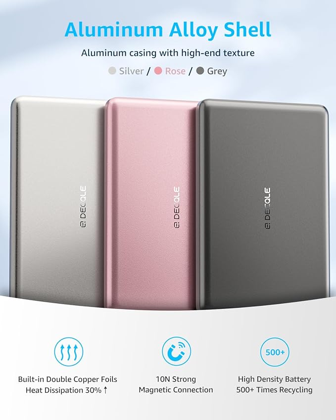decqle “Air” Power Bank for MagSafe 5000mAh, Ultra Slim Magnetic Wireless Portable Battery Charger Case with USB-C Cable, Compatible with iPhone 17/16/15/14/13/12 Series Only (Pink)