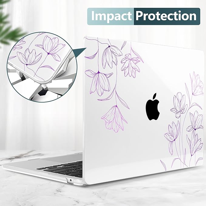 TWOLSKOO for MacBook Air 13 inch Case M4 A3240 M3 A3113 M2 A2681 2025 2024 2022 Plastic Hard Shell, Keyboard Cover, Type C Adapter, Screen Protector for MacBook Air 13.6 inch, Engraved Floral2