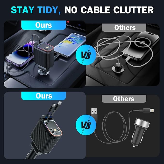 4 in 1 Retractable Car Chargers with Starlight, 66W USB C Fast Car Charger Adapter with 2 USB Ports for All iPhone 15/14/13/12/11 and for All Android (Dark Black - PurpleLight)