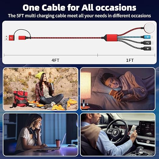 Cruise Essentials 2026, Travel Essentials Dual Type-C 4 in 2 Multi Charging Cable for iPhone Watch Charger/iPhone 17/IP, iWatch Charger, Compatible with iWatch 11-2/Ultra/iPhone 17-8,Car/ Camping 5FT