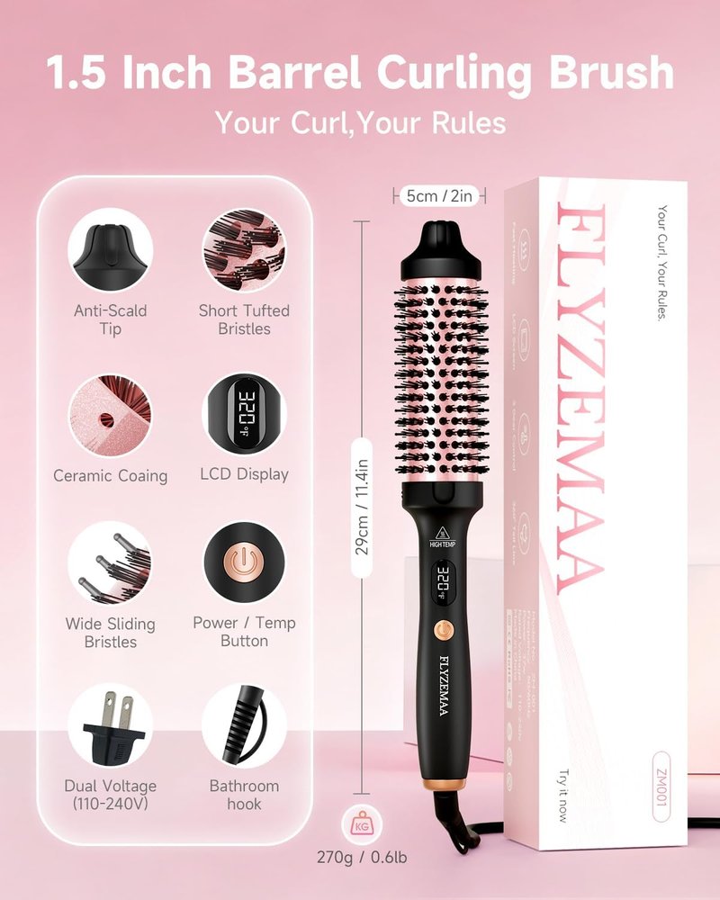 Heated Round Thermal Brush - 1.5 Inch with 3 Temperature Settings | Fast Blowout, Reduces Frizz, Includes Velvet Pouch