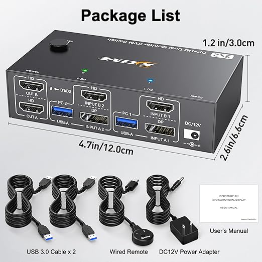 KVM Switch 2 Monitors 2 Computers 8K@60Hz/4K@144Hz, HDMI Displayport KVM Switches for 2 PC Sharing Dual Monitor and Keyboard Mouse with Power Adapter, Wired Extend Controller and USB3.0
