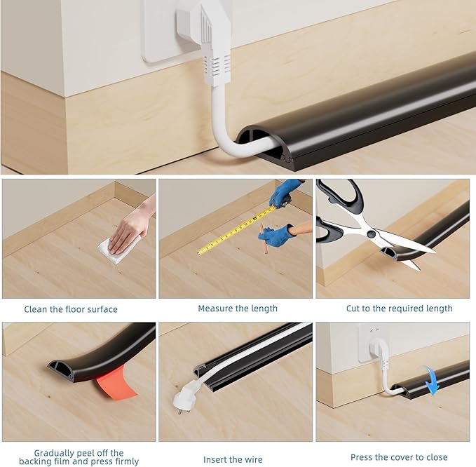 6ft Side Buckle Floor Cord Cover for Wires, Selfadhesive Extension Cord Hider Easy Floor Cable Management Prevent Cable Trips,Silicone Floor Wire Covers for Cords, Cable Protector Cord Cavity(Black)