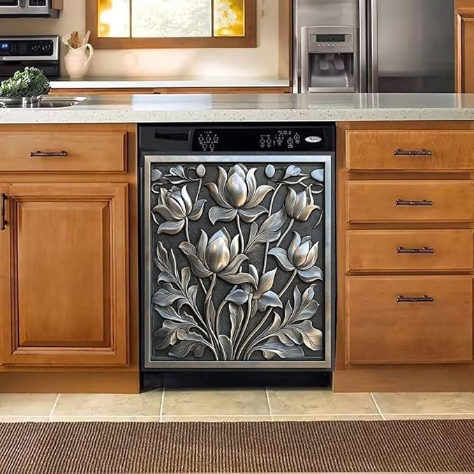 Dishwasher Magnet Cover Stainless Steel Look Flower Dishwasher Front Panel Decorative, Magnetic Appliance Cover Kitchen Decor Home Refrigerator Magnets Sticker 23" W x 26" H