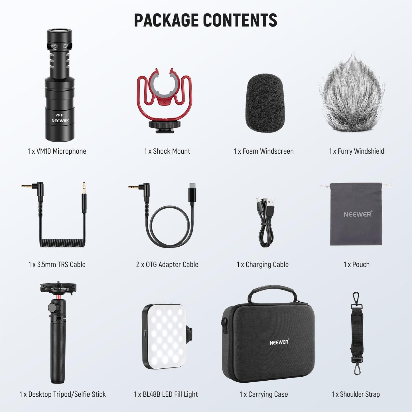 NEEWER Basics PA050 Vlogging Kit for iPhone Android Phone for YouTube TikTok Streaming Video Recording, Selfie Stick Tripod + Microphone + LED Fill Light, Youtuber Starter Content Creator Essentials
