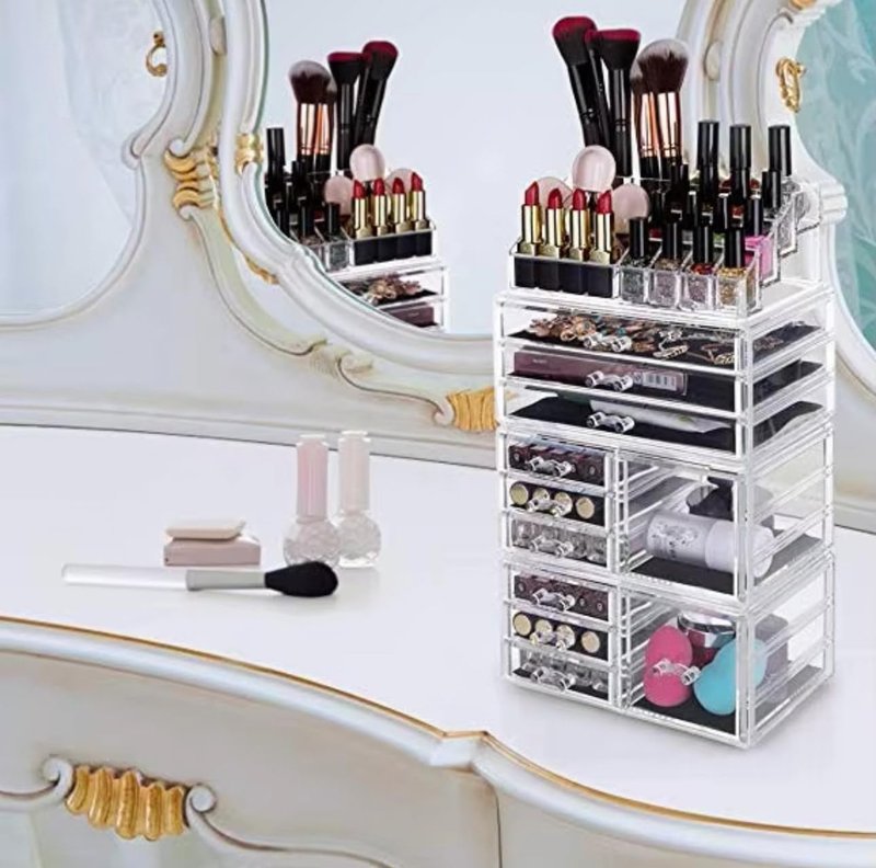 Banvikon Acrylic 4 Pack Makeup Organizer with 11 Drawers, Clear, Stackable Cosmetic Organizer For Lipstick, Jewelry and Makeup Brushes, Beauty Storage With Drawers For Dresser And Bathroom.