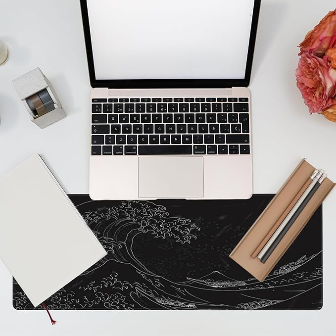 Eflxamz Desk Mat,Black Japanese Sea Wave Desk Pad,Japanese Sea Wave Large Gaming Mouse Pad for Desk,Extended Big Computer Keyboard Mouse Pad with Non-Slip Base and Stitched Edge,31.5"x11.8"