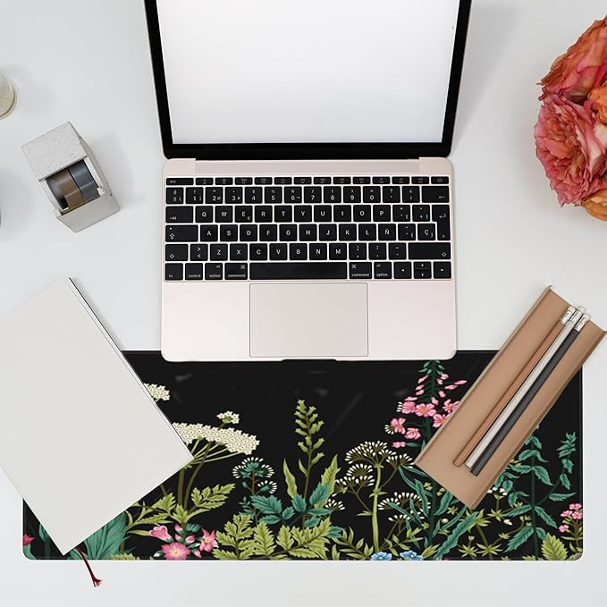 Eflxamz Large Gaming Mouse Pad for Desk,Wildflowers Night Desk Mat,Wild Floral Flower Desk Pad,Extended Big Computer Keyboard Mouse Pad with Non-Slip Base and Stitched Edge,31.5"x11.8"
