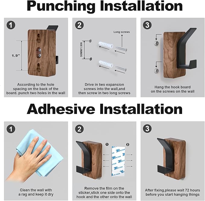 IURRDOP 4 PCS Black Walnut Wood Wall Hooks Adhesive Mounted & Wall Mounted Rustic Decorative Entryway Hooks Mid Century Modern Natural Wooden Pegs for Hanging Coat Clothes Hat Bag Purse and Towel