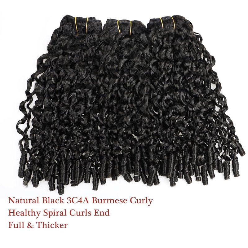 Burmese Curly Human Hair Bundles - 12 Inch Unprocessed Raw Hair Extensions | Natural Color Spiral Curly Weft