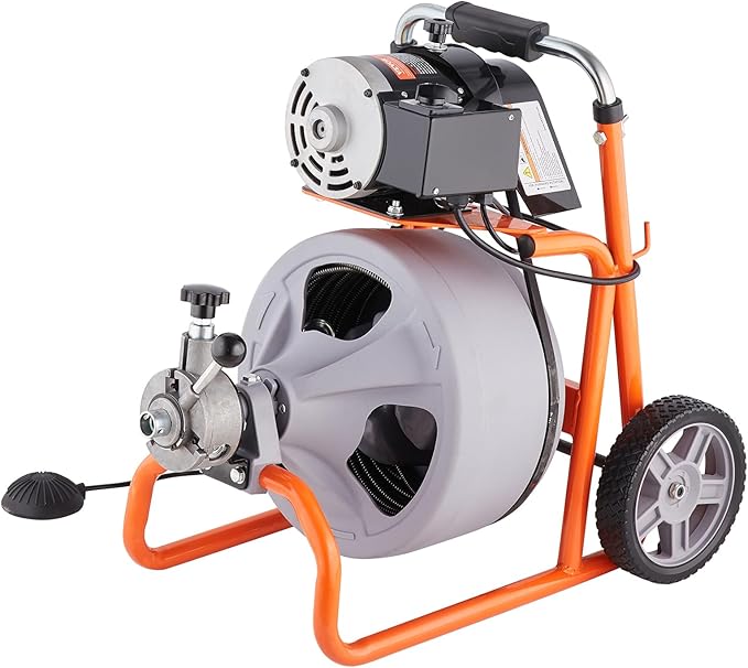 VEVOR Drain Cleaner Machine 75FT x 3/8 Inch, Auto Feed Sewer Snake Drain Auger on Wheels, Portable Drain Cleaning Machine with 8 Cutters & Air-activated Foot Switch for 2" to 4" Pipes