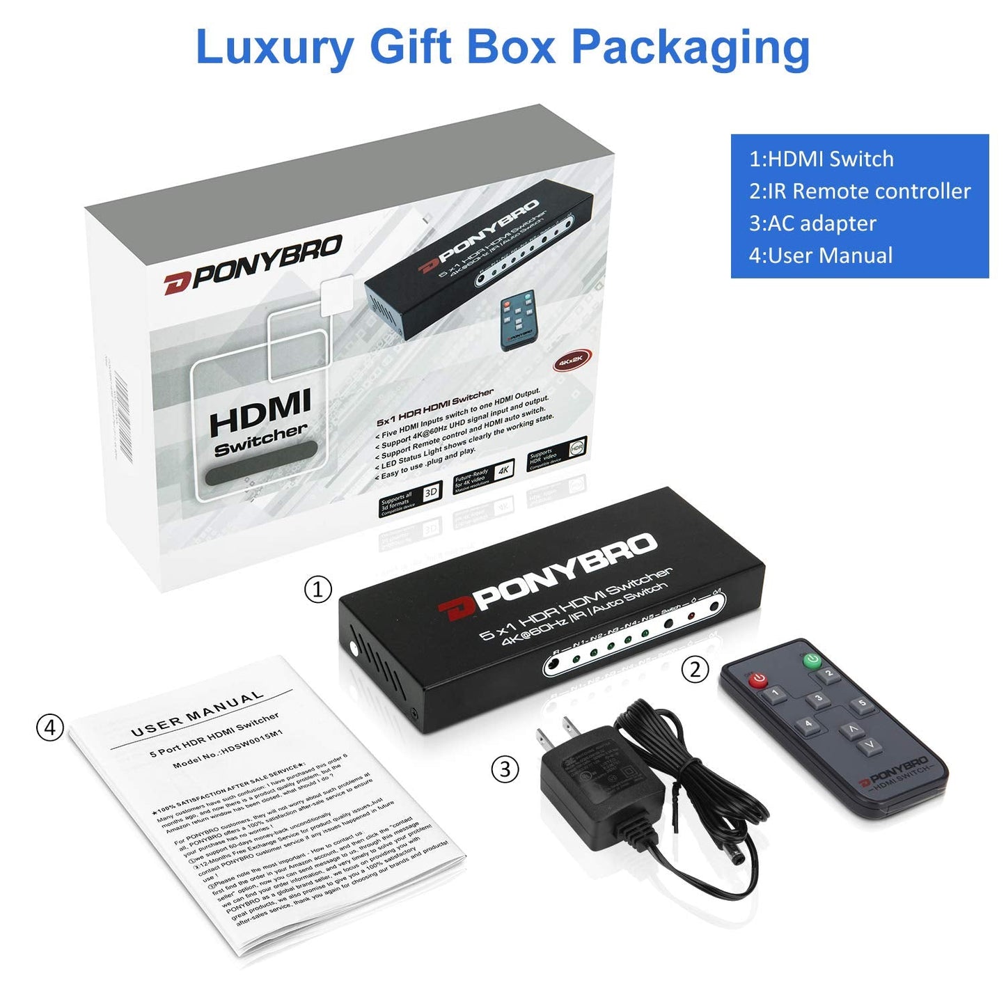 PONYBRO HDMI 2.0 Switch 5 Port 4K@60Hz Auto-Switching – 5 in 1 Out with Remote, HDR10, 3D, Ultra HD for PS5/Xbox/PC/Fire TV, Zero Delay