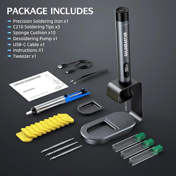 Cordless Soldering Iron Kit - 7s Fast Heating & Auto Sleep, Portable USB-C Rechargeable Welding Pen with 3 Tips (392°F/200°C to 842°F/450°C) for Electronics Repair/DIY/Circuit Board, Gris