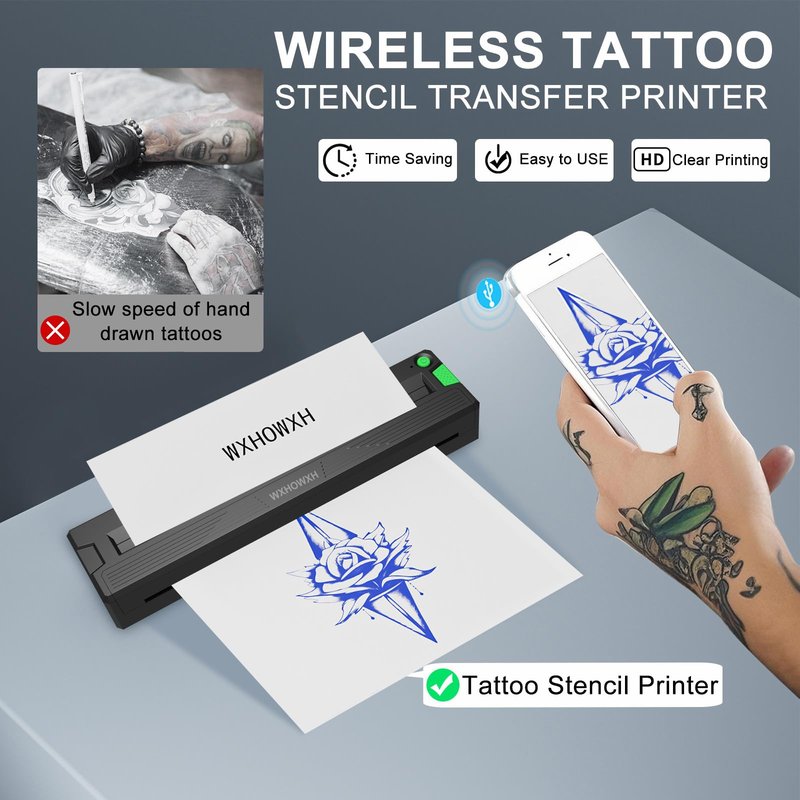 WXHOWXH 2026 New Tattoo Stencil Printer for Tattoo Artists&Beginners,termocopiadora Tattoo Machine with 3 pcs of Tattoo Transfer Paper,Portable Wireless Bluetooth Printer Compatible with Phone&PC