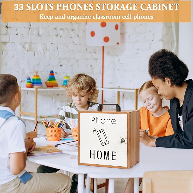 Lzttyee Cell Phone Holder Classroom 33 Slots Wooden Cell Phone Storage Cabinet Pocket Chart with Handle and Security Lock for Classroom Office (33 Grid Cabinet Cherry)