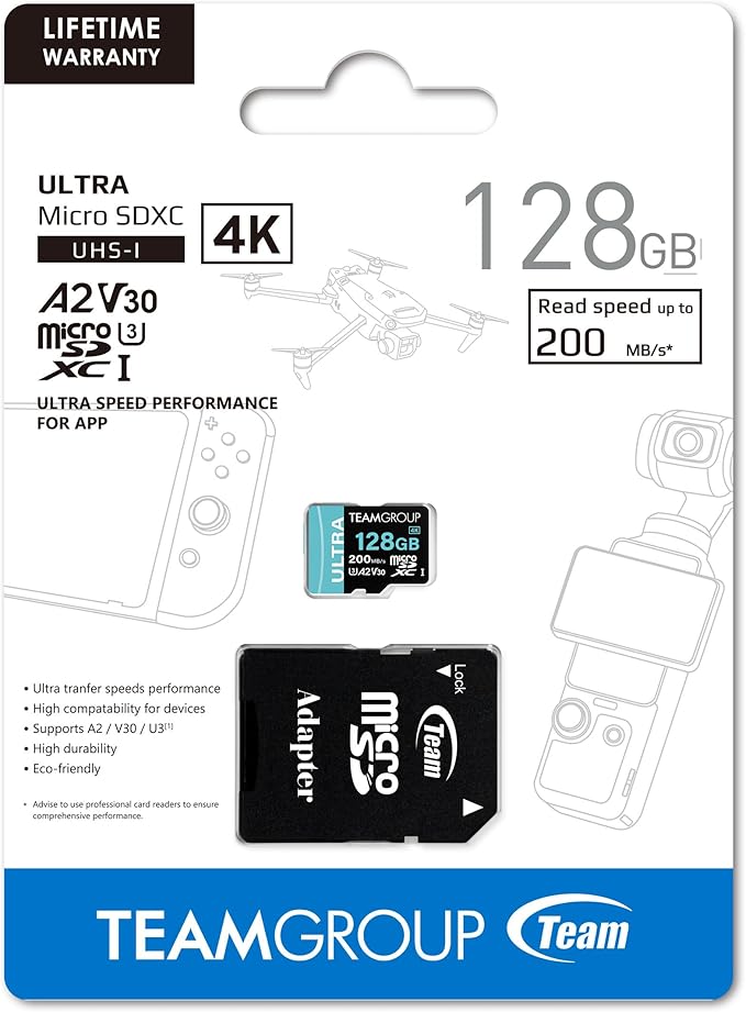 TEAMGROUP A2 Ultra Card 128GB MicroSDXC UHS-I U3 A2 V30, R/W up to 200/80MB/s for Nintendo-Switch1, Steam Deck, Gaming Devices, Tablets, Smartphones, 4K Shooting, with Adapter TULMSDX128GIA2V3022503