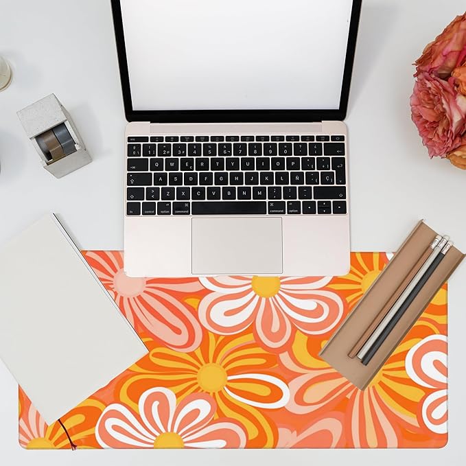 Eflxamz Desk Pad,Hippie Vintage Orange Flowers Desk Mat,Retro Floral Large Gaming Mouse Pad for Desk,Extended Big Computer Keyboard Mouse Pad with Non-Slip Base and Stitched Edge,35.4"x15.7"