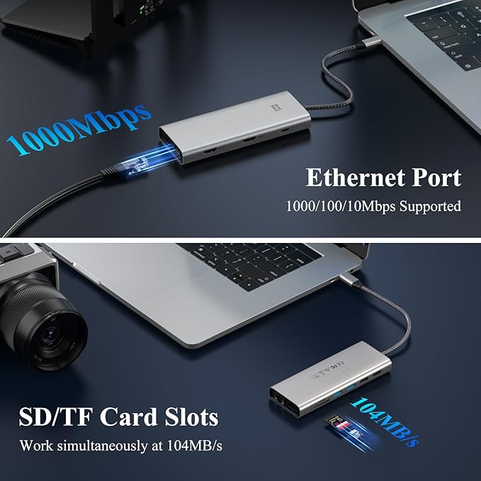 USB C Docking Station Dual Monitor,USB C Hub Dual Monitor with 144Hz DisplayPort,4k HDMI,PD Charging,Ethernet,5 USB,SD/TF Card Reader,Audio Laptop Docking Station for Windows & Mac and More