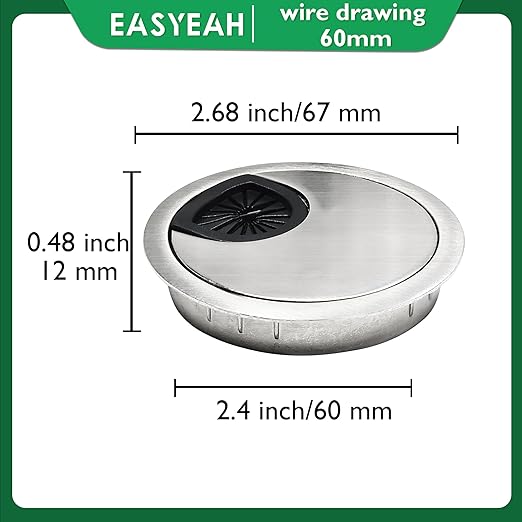 EASYEAH 1 Pcs Desk Grommet 2-3/8" / 60 mm, Desk Cord Hole Cover, Cable Grommet Metal Zinc Alloy Materilal, Desk Hole Grommet for Home & Office Pc, Detachable Cable Cord Organizer-Brushed Silver