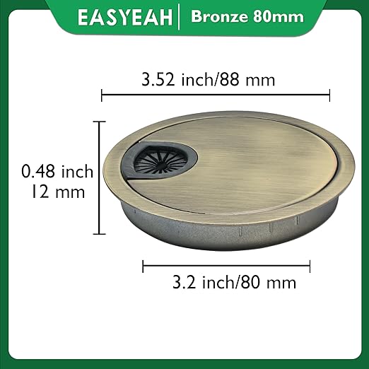 EASYEAH 1 Pcs Desk Grommet 3-1/8" / 80 mm, Desk Cord Hole Cover, Cable Grommet Metal Zinc Alloy Materilal, Desk Hole Grommet for Home & Office Pc, Detachable Cable Cord Organizer-Bronze