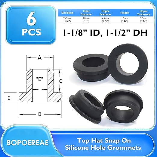 BOPOREAE 6 Pcs 1-1/2" Drill Hole, 1-1/8" ID Silicone Rubber Grommets for Wiring, Firewall Hole Plug, Top Hat Grommets for Vinyl Tubing in Hydroponic and Irrigation Systems Metal Wall Drywall