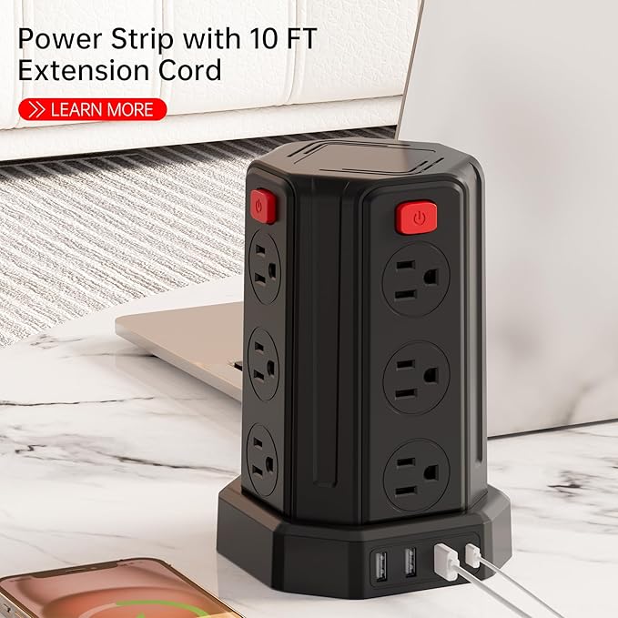 Power Strip Surge Protector, 10 Ft Extension Cord with 12 AC Multiple Outlets 4 USB (1 USB C), SMALLRT Power Tower Desktop Charging Station